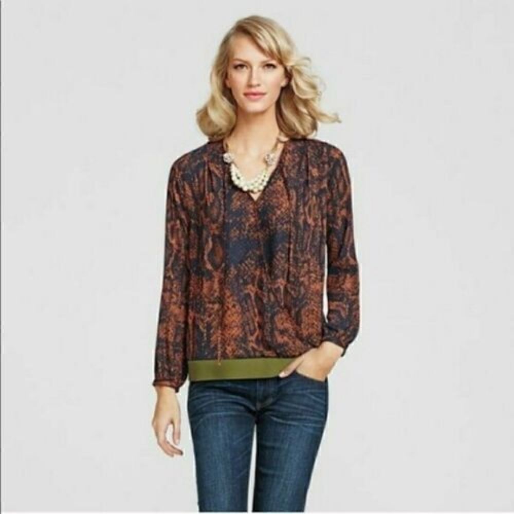 CAbi Orange & Blue Blouse with Green Hem